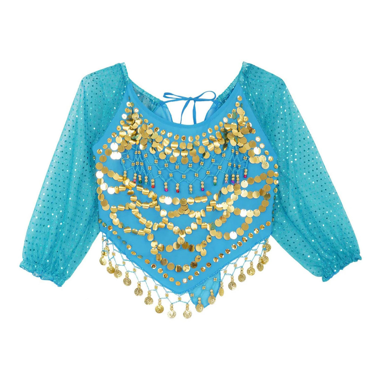 المرأة الشيفون طويلة الأكمام الرقص الشرقي المحاصيل الأعلى لامعة الترتر الذاتي التعادل الظهر غير النظامية هيم القمم كرنفال الأداء زي