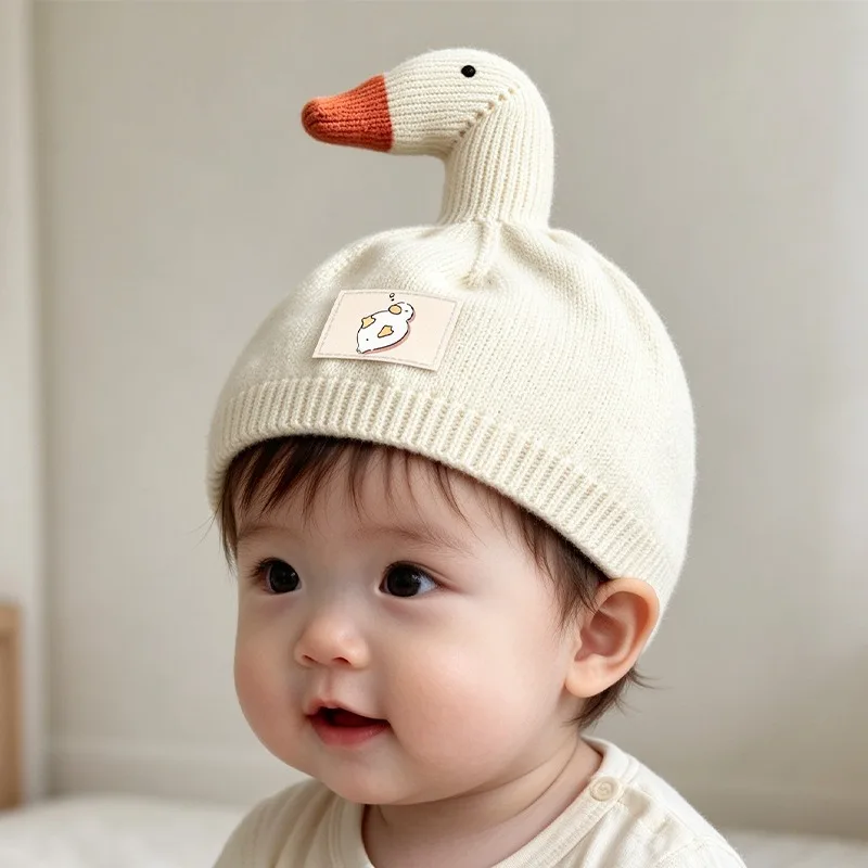 Winter Baby Knitted Hat Cute Cartoon Goose Toddler Beanies 2-6Y Boy Girl Thick Woolen Warm Crochet Bonnet Children Pullover Cap