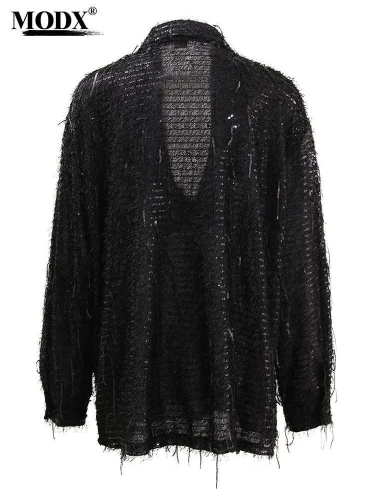 

[modx] Black Sequins Tassels Big Size Shining Blouse Women New V-neck Long Sleeve Shirt Fashion Tide Spring Autumn 2024