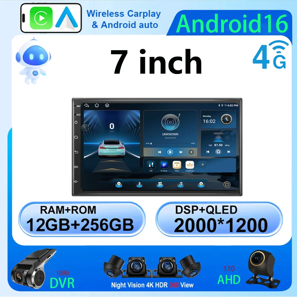 

Универсальная 7-дюймовая автомобильная магнитола с GPS, 2 DIN, Android 16, Auto Carplay для Volkswagen, Nissan, Hyundai, Toyota, мультимедийный плеер