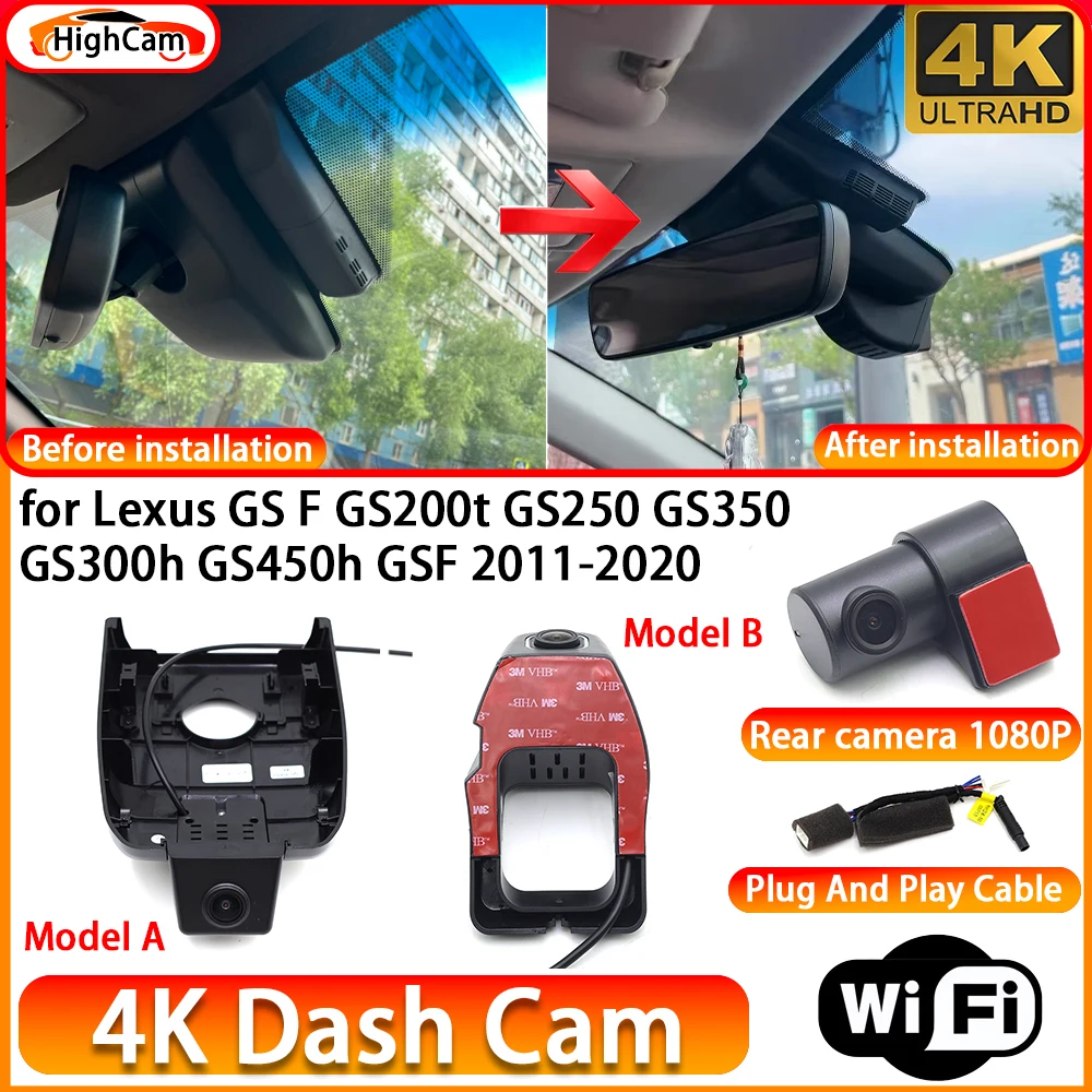 HighCam for Lexus GS F GS200t GS250 GS350 GS300h GS450h GSF 2011-2020 OEM 4K DVR Dash Cam Front Rear Camera WiFi Video Recorder