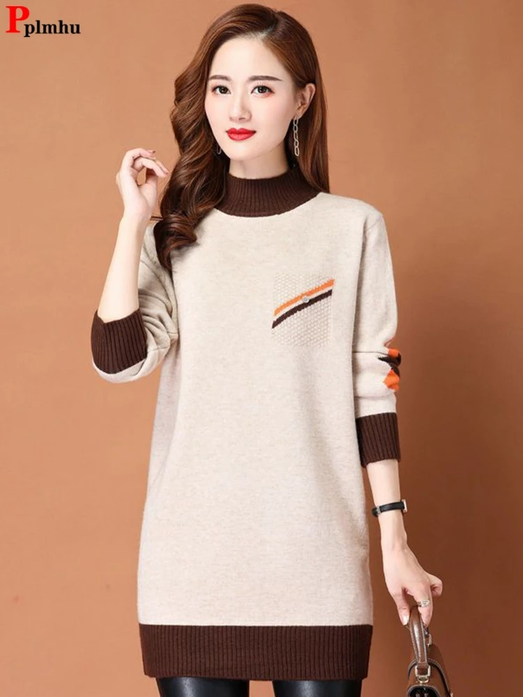 Mid-length Sweater Women Fall Winter Casual Soft Pullovet Knit Long Sleeve Tops New Elegant Knitwear Jumper New Spliced Sueter