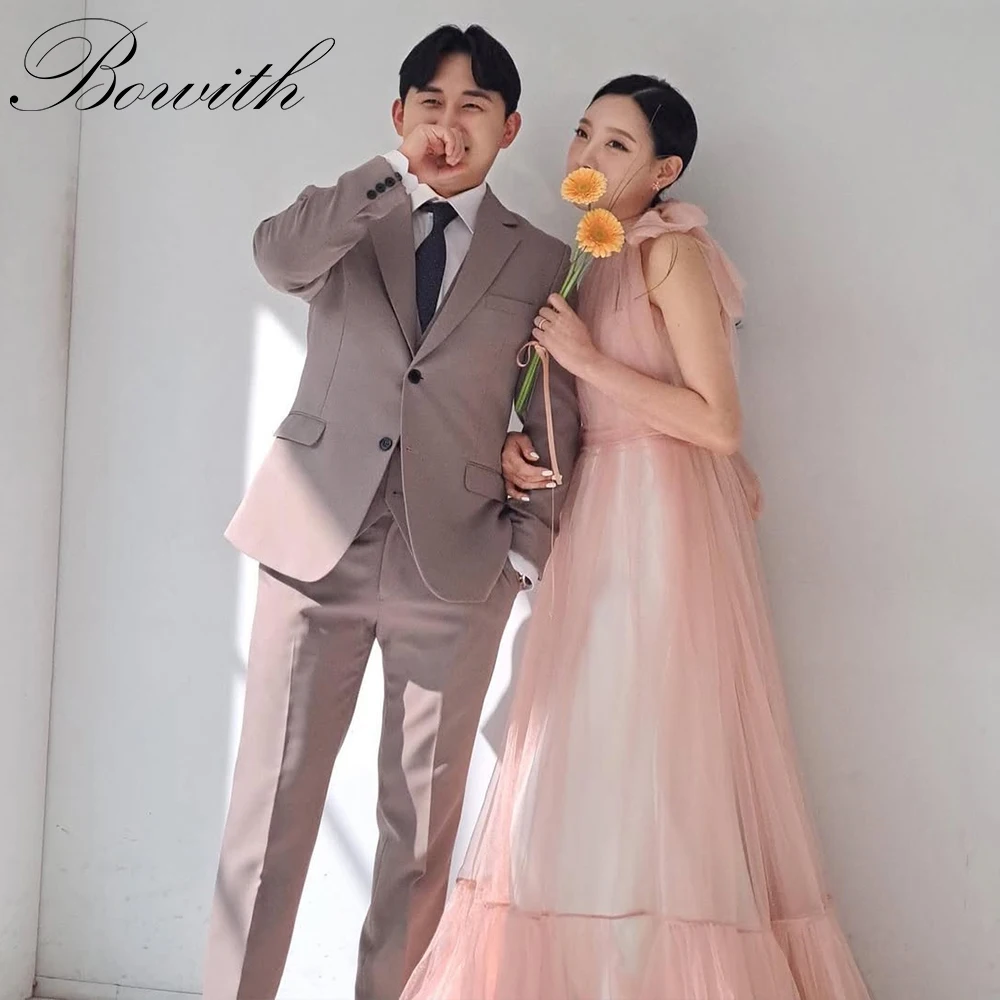 

Bowith Pink Korean Wedding Dresses O-Neck Sleeveless Soft Tulle Evening Dresses Customized Photo Shoot Dresses for Bride