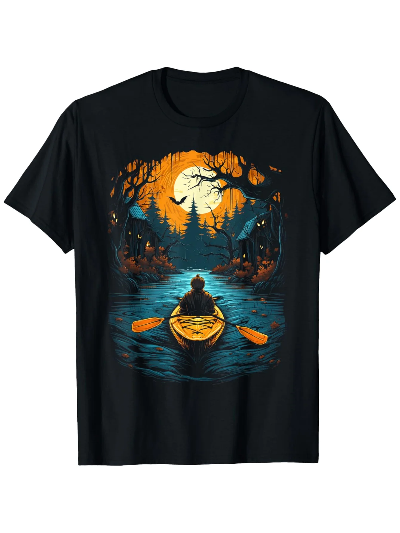 

Мужская футболка с костюмом для каякинга на Хэллоуин — жуткий страшный каяк с принтом «Лес с привидениями» и каноэ