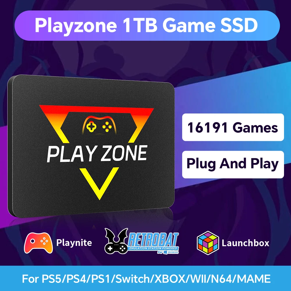 PlayZone 1T Retro Game SSD لـ PS5/PS4/PS3/PS2/Xbox/Switch/WII محرك الأقراص الصلبة المحمول المدمج في 16000+ ألعاب لـ Win PC/الكمبيوتر المحمول