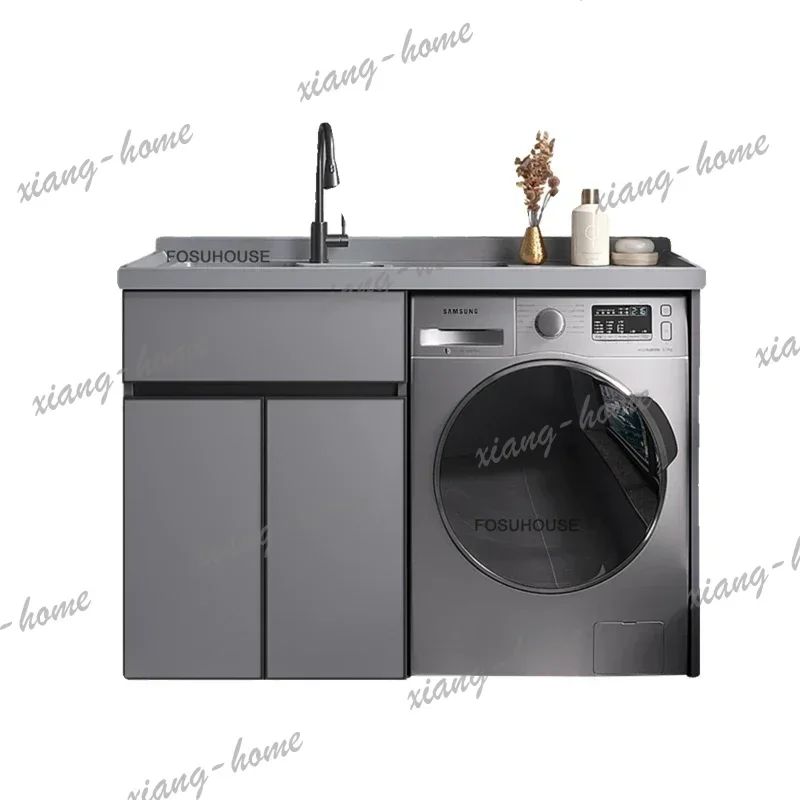 PG Space Aluminum Bathroom Cabinet Wall Mounted Laundry Storage Organizer combin with Built-in Sink and Washboard for Small