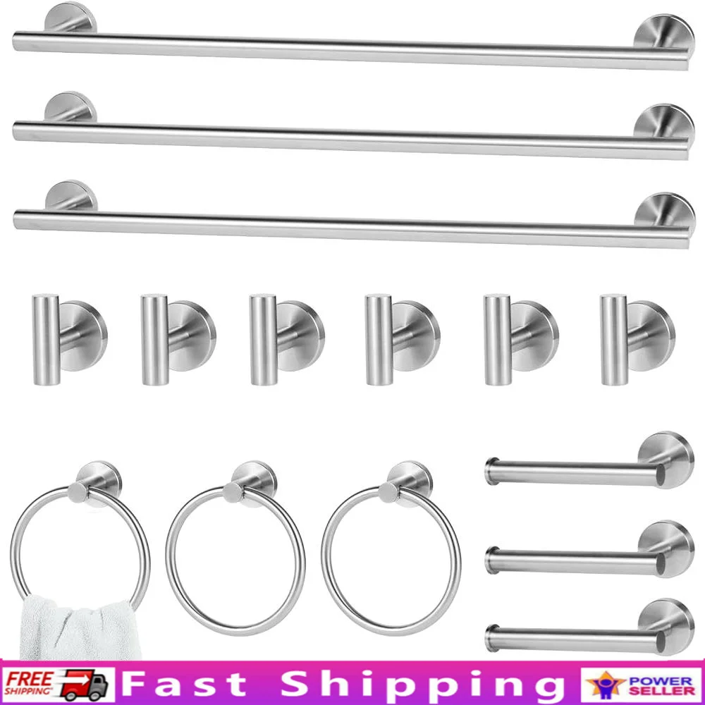 

15 Piece Stainless Steel Bathroom Hardware Set Towel Bar Rack Set Towel Hooks Rings Paper Holder Accessories Installation Kit