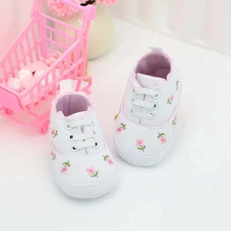 Zapatos para caminar con estampado de flores adorables para niña, cómodos, antideslizantes, informales, adorables, con cordones, para actividades al aire libre infantiles