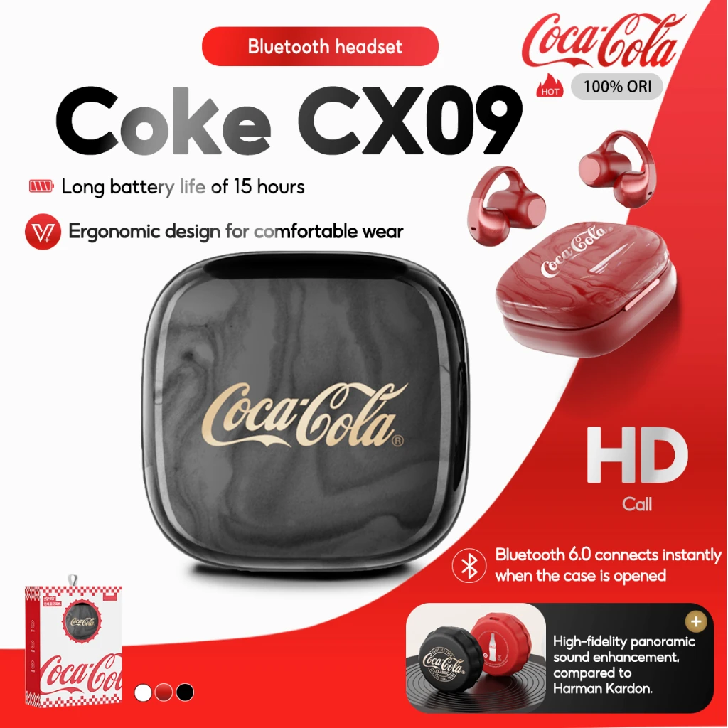Audífonos Inalámbricos Coca-Cola CX09 ClipOn, Bluetooth 6.0, con Micrófono, para Deportes al Aire Libre, Correr y Hacer Ejercicio