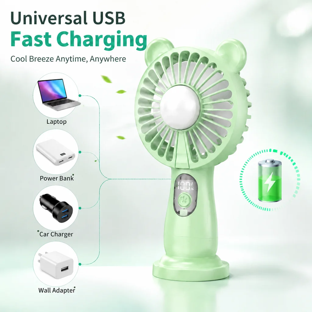 Bear Ear Mini Handheld Fan with Phone Holder Base LED Display Multi-Speed USB Cooling Fan