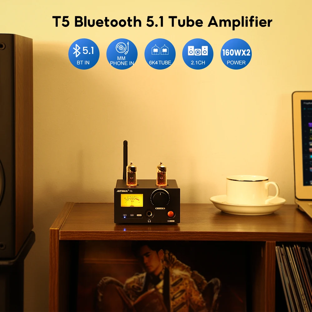 AIYIMA T5 MM Phono Tube Amplifier 160Wx2 NE5532 Stereo Amplifier Bluetooth Audio Amplifier VU Meter Turntable Phonograph Preamp