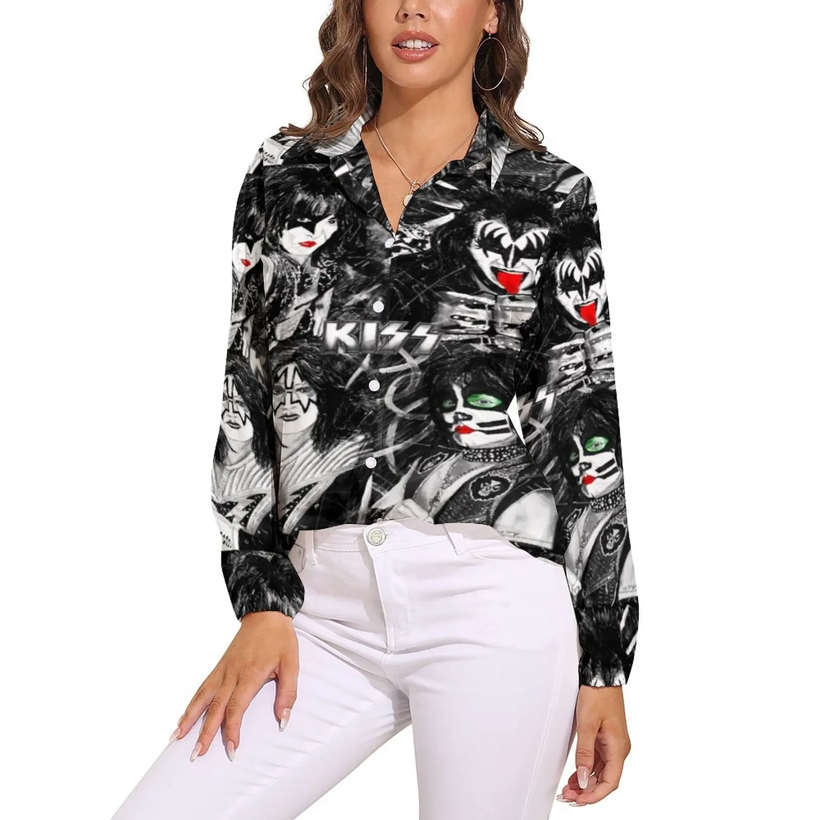 

Kiss Band Print Blouse Woman Colour Splash with Logo Street Wear Loose Blouses Long-Sleeve Cool Shirts Casual Top Big Size 3XL