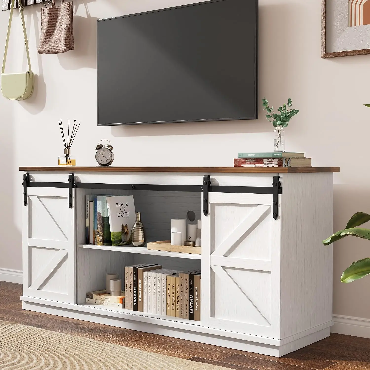 White Farmhouse TV Console Sliding Barn Doors Accommodates Screens To Sixty Five Inches Length Fifty Eight