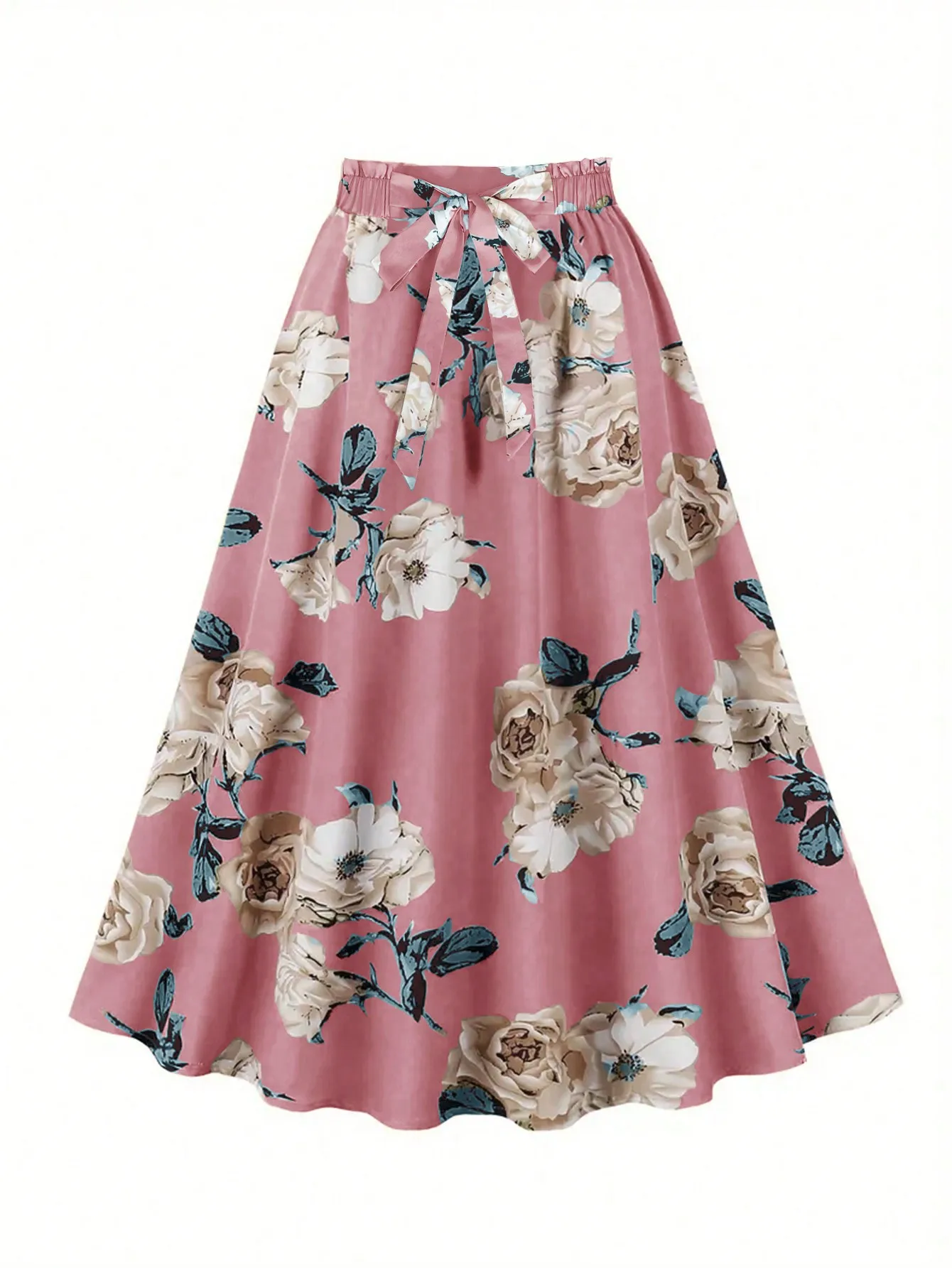 Women's Floral Print High Waist A-Line Midi Skirt 100% Polyester Woven Flared Half Skirt with Bow Knot Summer 2026 Casual
