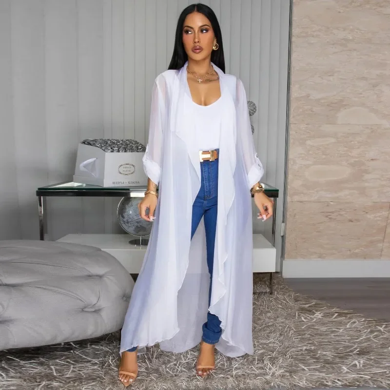 

GUWU женский повседневный шифоновый длинный кардиган солнцезащитная куртка однотонные уличные пальто