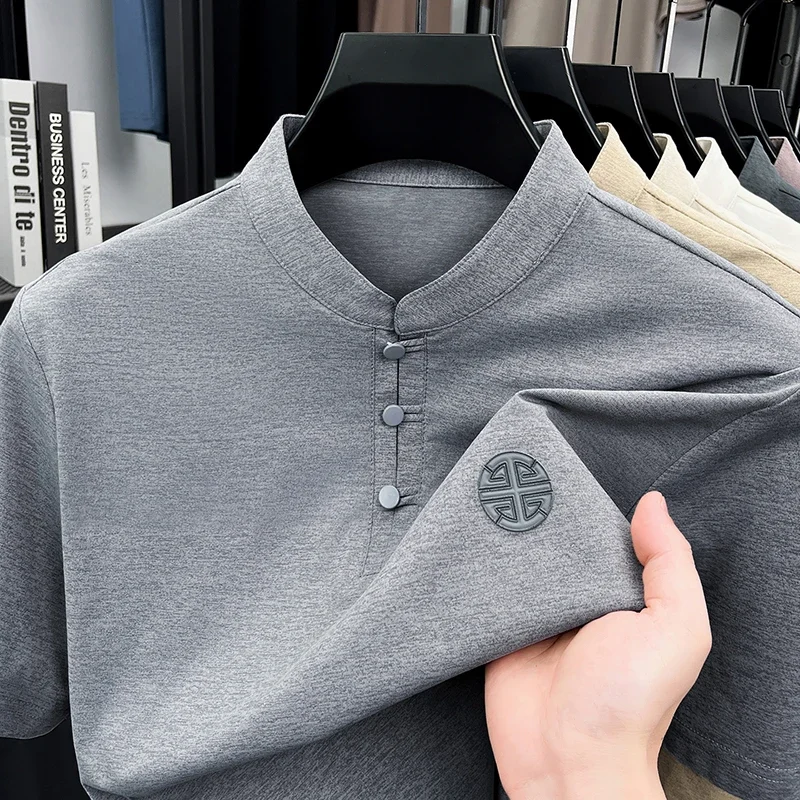 Men's Mandarin Collar Short Sleeve T-Shirt Casual Chinese Style Button Henley Shirt image 5