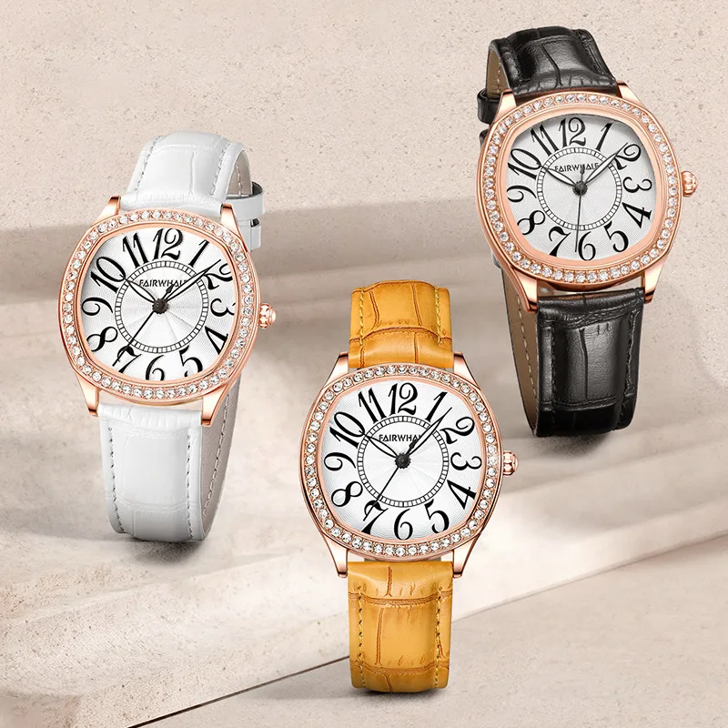 Mark Fairwhale Ladies Quartz Movement Watch with Leather Strap Fashion Irregular Dial Women's Gift Watch
