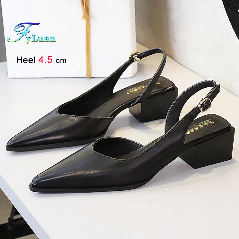 

2025: черные женские туфли на среднем каблуке 4,5 см с острым носком, сандалии с открытым носком, женские туфли-лодочки с ремешком на крючках, вечерние туфли на шпильке из искусственной кожи