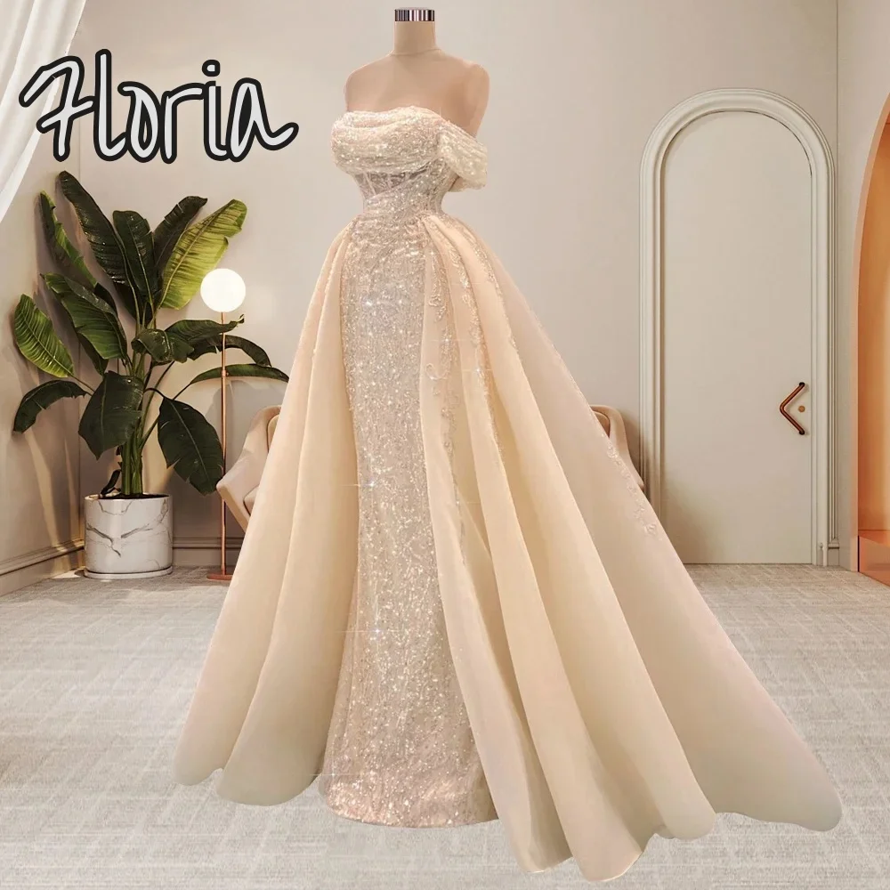 Элегантное вечернее платье русалки цвета шампанского со съемной верхней юбкой с открытыми плечами и блестками, свадебное платье