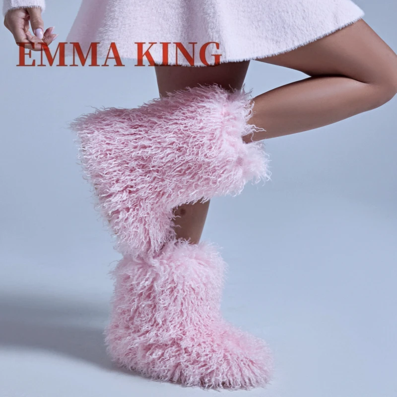 

Зимние зимние ботинки для женщин 2026, большие размеры, ботинки из искусственной шерсти на плоской подошве, роскошная уличная теплая плюшевая обувь, ботинки из монгольского меха без шнуровки