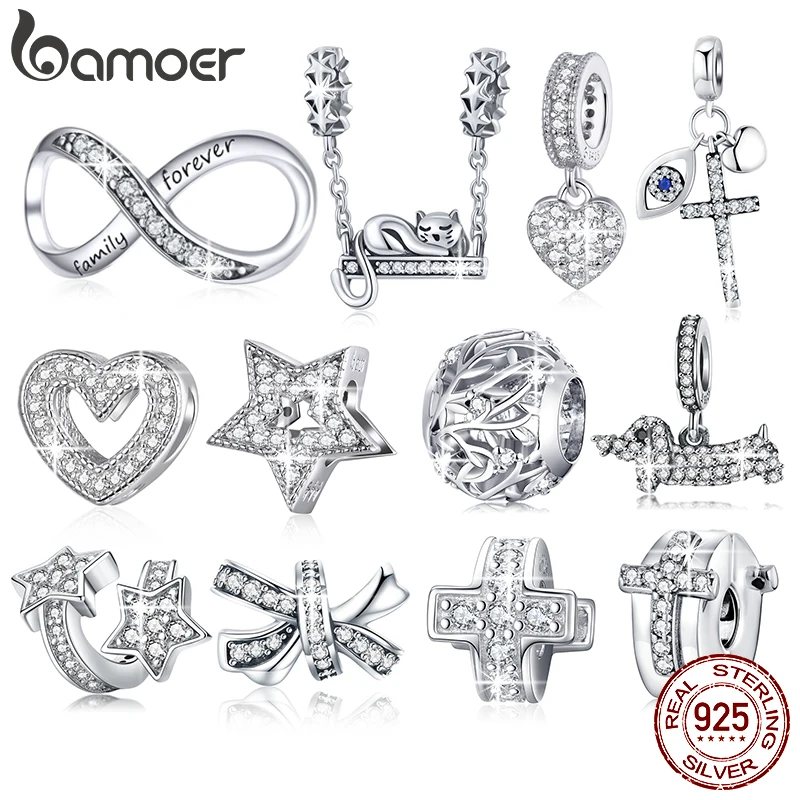 BAMOER 925 Sterling Silver Clear 5A Crystal Collection Family Heart Cross Charm Beads fit for Charm Bracelet & Necklace Pendant