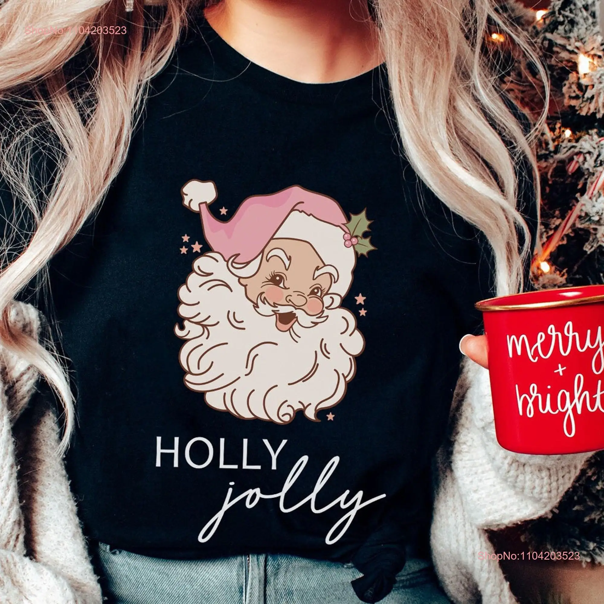 Christmas T Shirt for Women Retro Santa Holly Jolly Pink Holiday  long or short sleeves