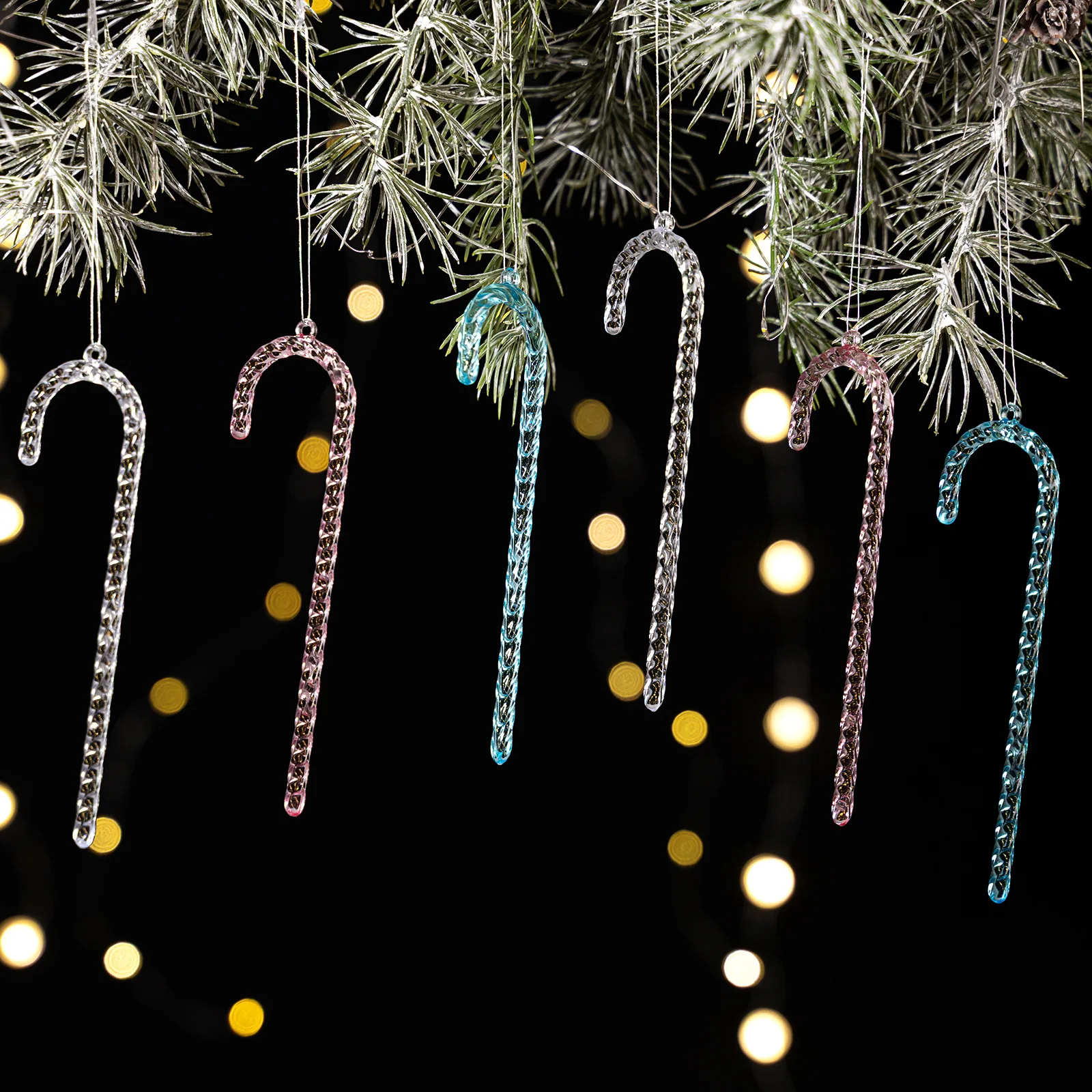 

6 Pcs Christmas Tree Decorations Crystal Acrylic Transparent Crutch Pendant Ornaments for DIY Crafts Holiday Wreath Garland