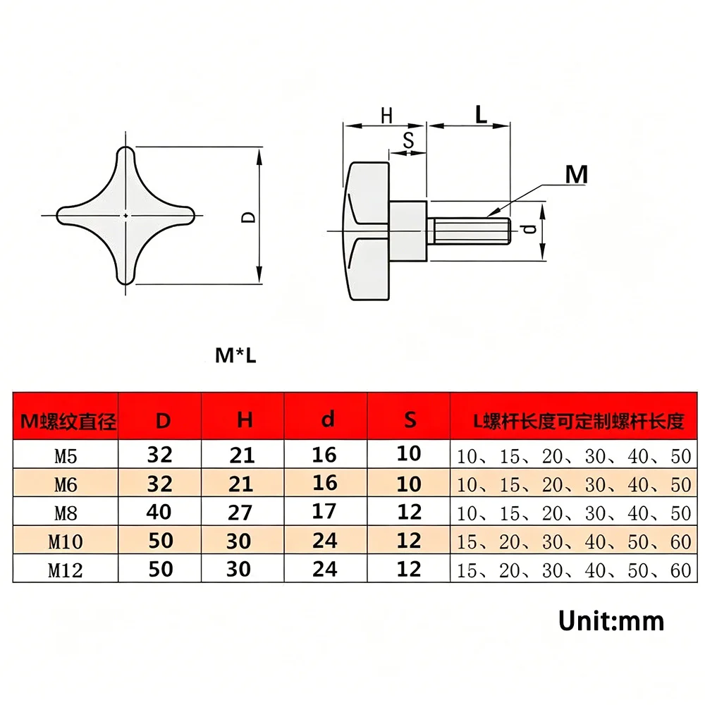 1Pc M5 M6 M8 M10 M12 Red Bakelite Head Hand Tight Screw 304 Stainless Steel Four Corner Handle Knob Fastener Thread L8mm-100mm