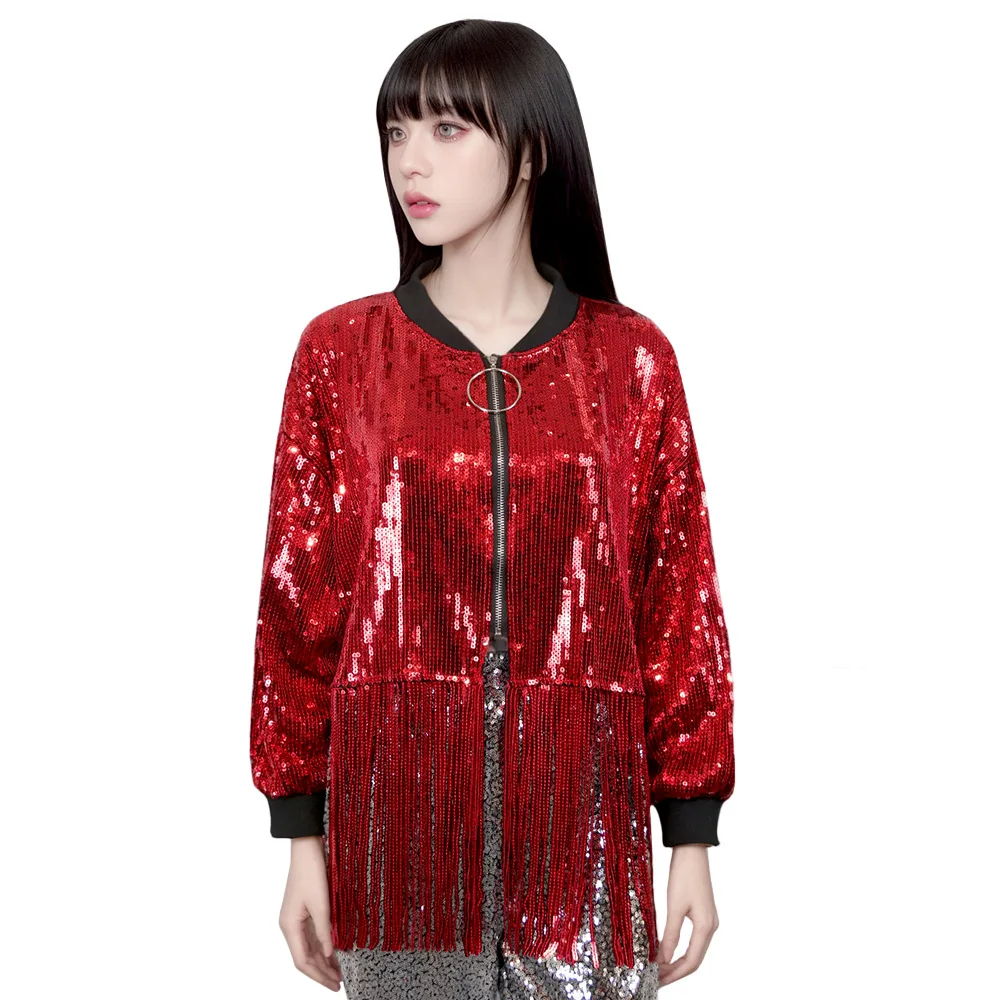1 pz/lotto donna moda paillettes danza jazz camicetta signora manica lunga danza di strada nappa top