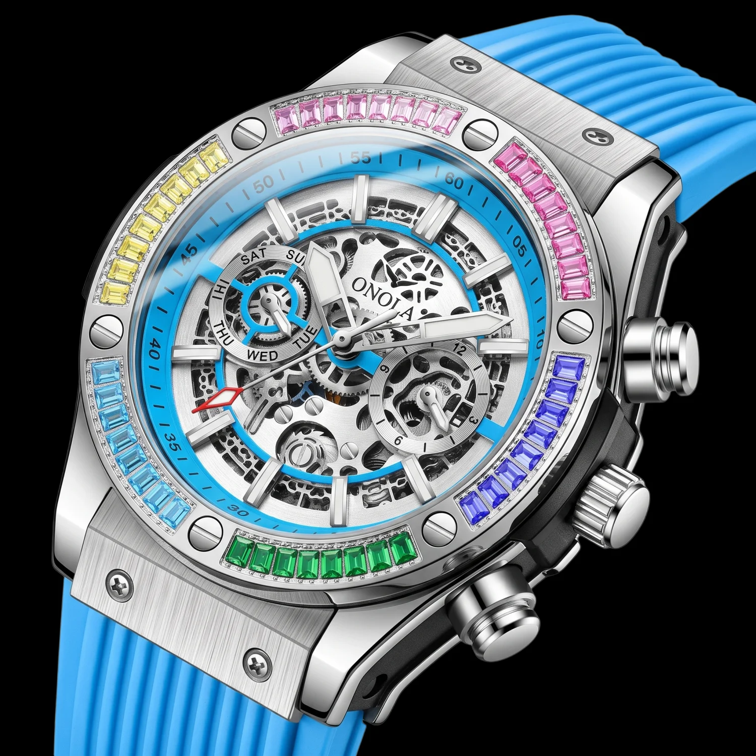 ONOLA Men's Mechanical Watch, Colored Square Rhinestone Alloy Case, Hollowed‑Out Dial, Date Function, For Party & Business Wear