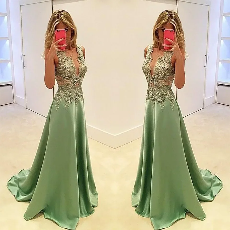 

Платья для выпускного вечера по индивидуальному заказу с глубоким V-образным вырезом, оливково-зеленые атласные кружевные аппликации, иллюзия из бисера, длинные вечерние платья, вечернее платье