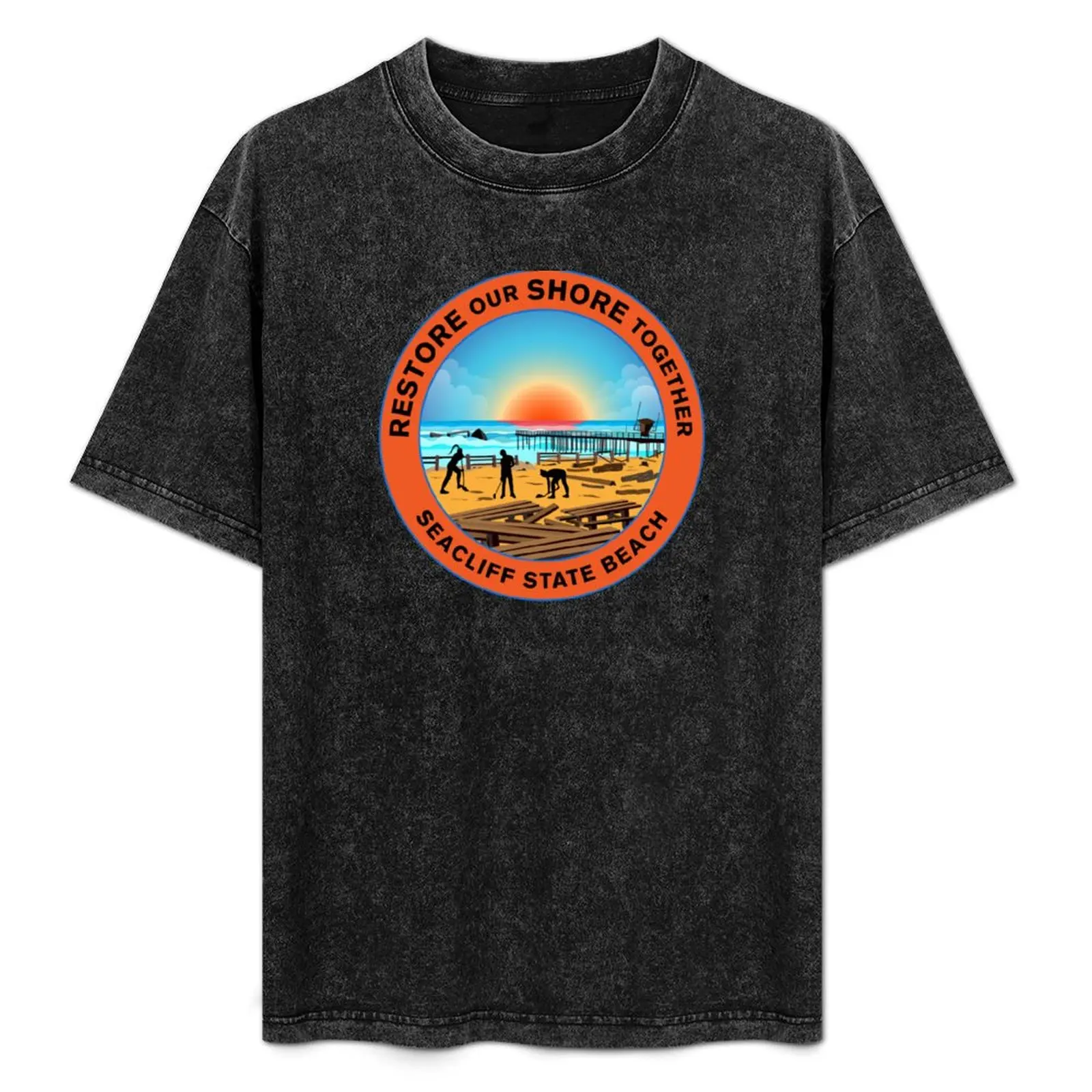 

Restore Our Shore Together Seacliff State Beach California Black Type T-Shirt Holiday Party Tee Shirt