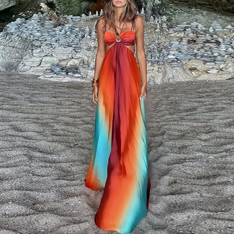 Moda ajustável suspender plissado vestido longo havaí cintura alta bohe vestido de festa sexy gradiente oco sem costas vestidos de praia
