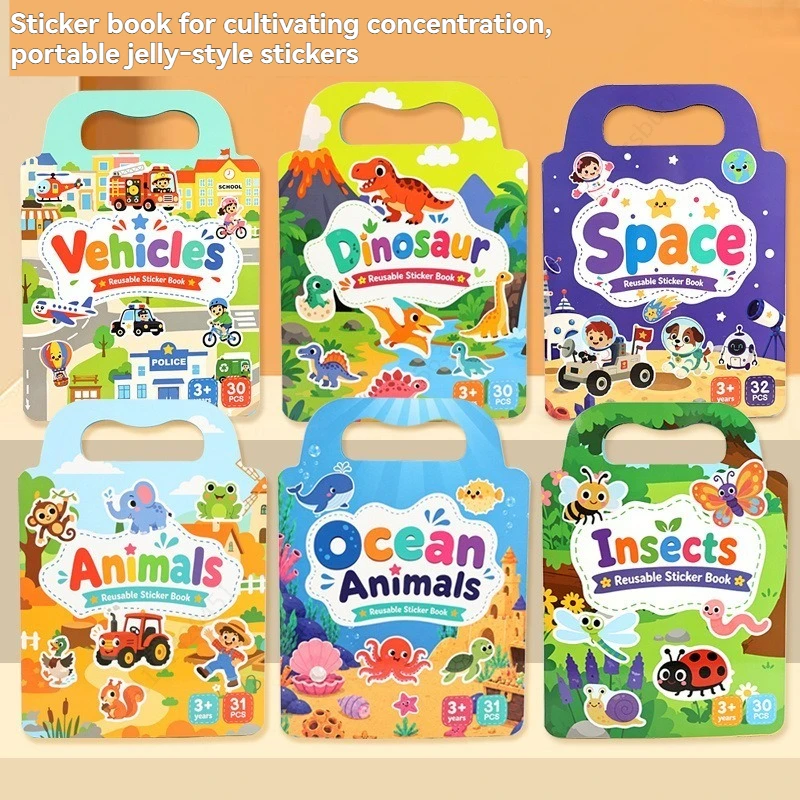 6 Styles Portable Reusable Jelly Sticker Book for Early Educational Quiet Busy Book Vehicles Dinosaur Ocean Animal Scene Sticker