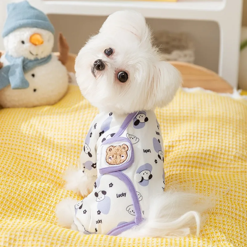 Home Dog Clothes Cartoon Bear Wrap Belly Suit Pet Anti-Cold Pajamas Teddy Four Legs Clothes Puppy Cute Jumpsuits