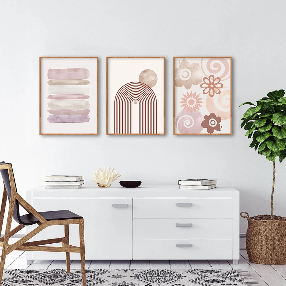 Cute Pink Flower Canvas Art Poster Kawaii Abstract Geometry Sketch Line Daisy Wall Painting for Girl Bedroom Living Room Decor