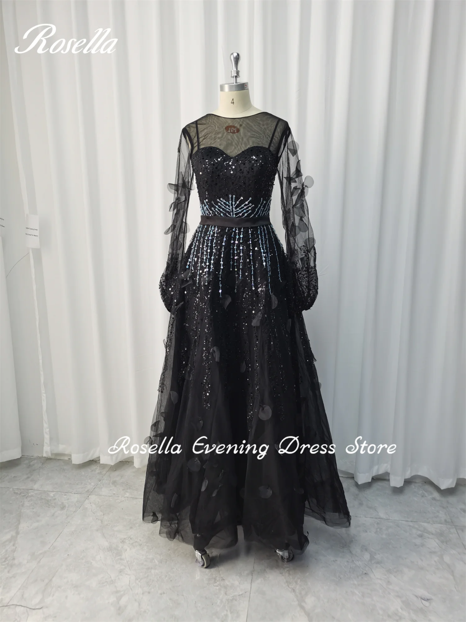 Rosella Black O Neck A Line Fashion Special Events Dress Floor Length Beaded Saudi Aribia Evening Dress 2023