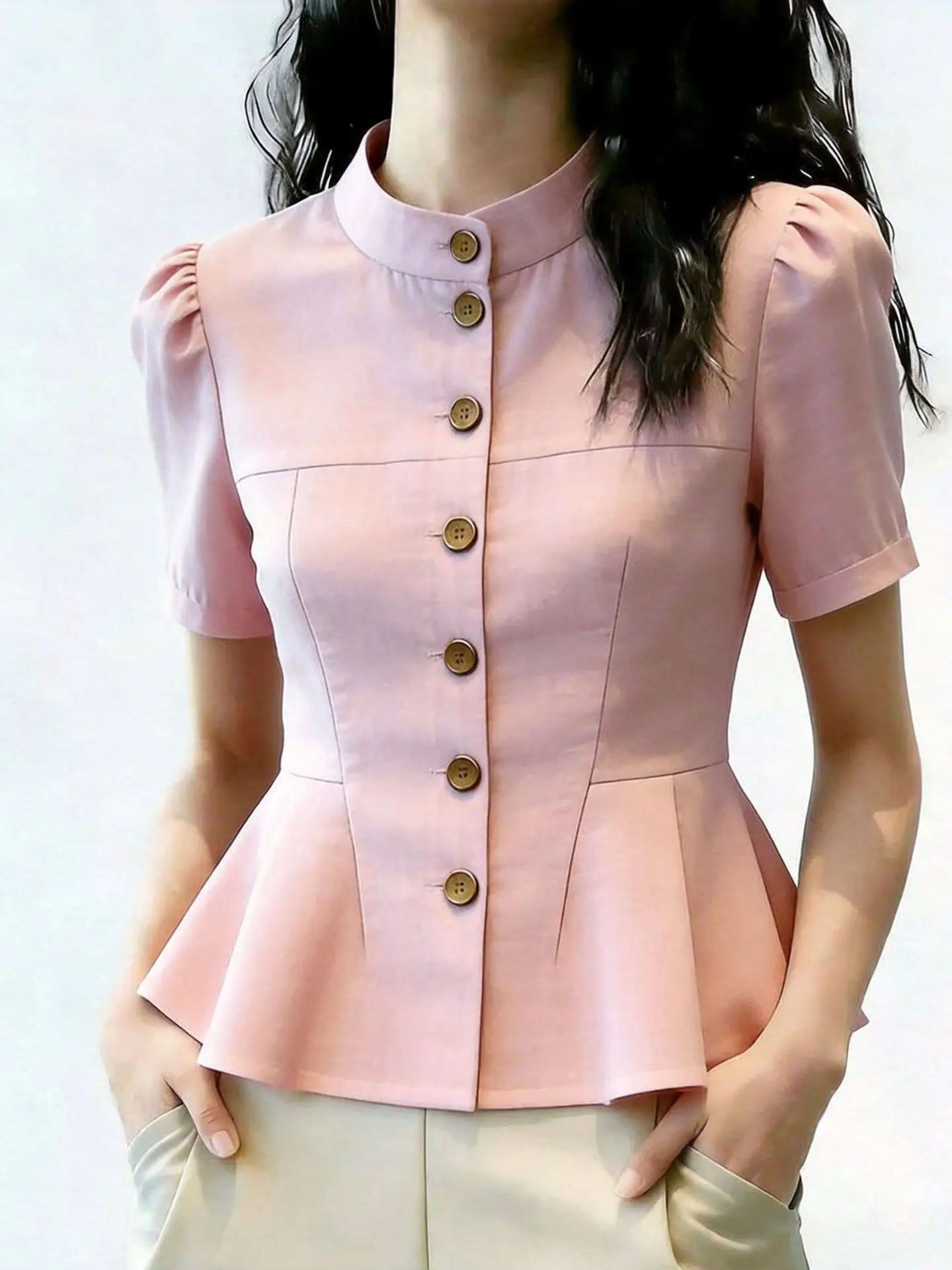 2026 Summer French Style Pink Short Sleeve Shirt for Women, Elegant Commuter Peplum Blouse, Fashion High-End Top