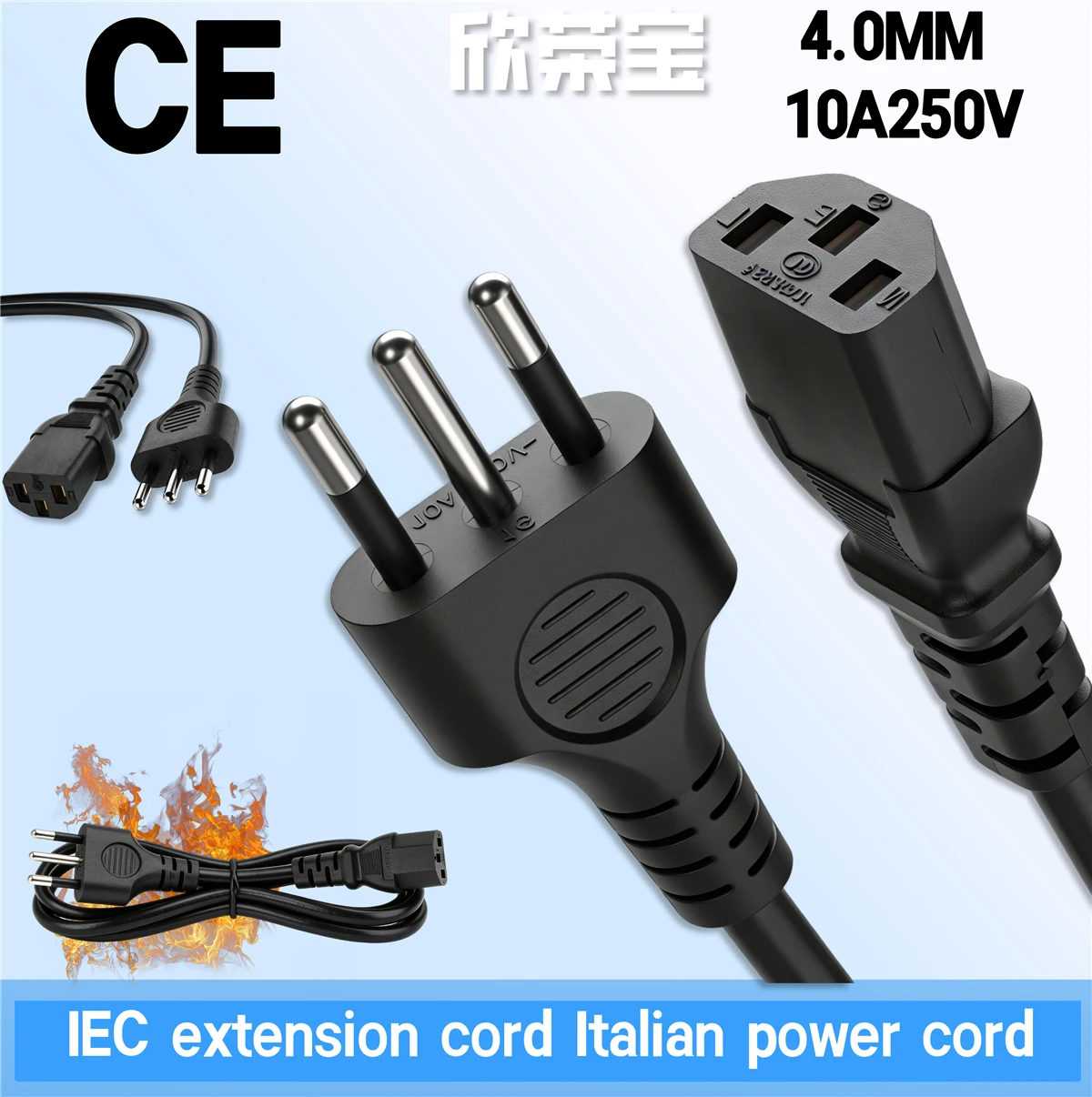 Italy Power Cable Italian Plug to IEC C13 AC Power Extension Cord1.5m5ft IMQ Power Cord Rated 10A for Computer TV home appliance