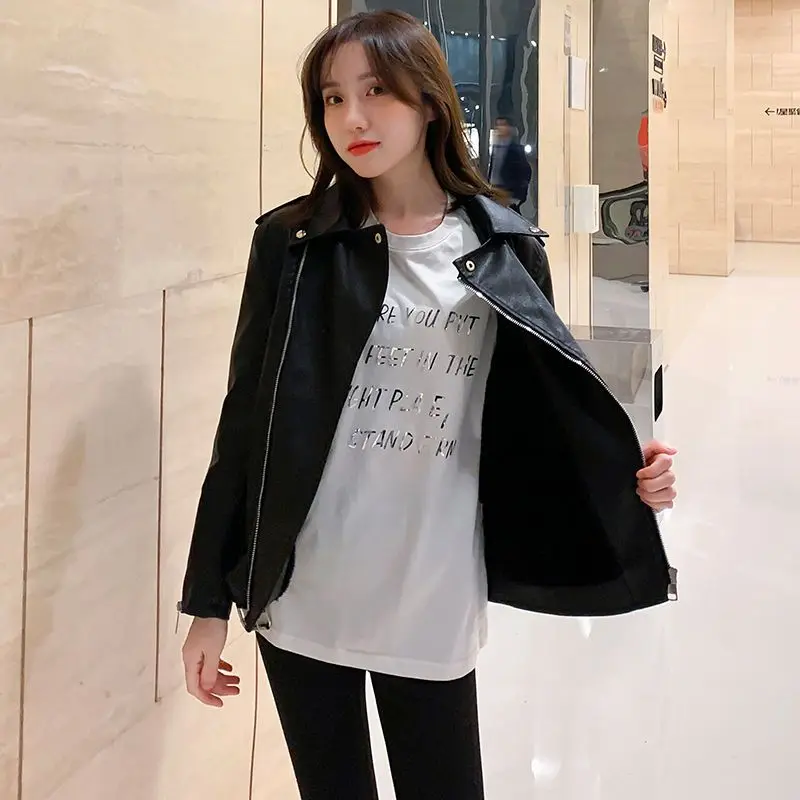 Loose Fashion Casual Leather Jacket Washed Leather 2023 Autumn Winter Zipper Jacket Turn-down Collar Thicken Warm Women's Jacket