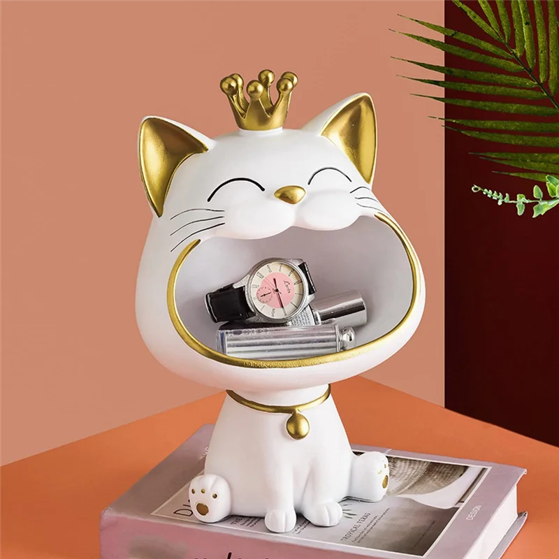 

ABKY-Fortune Crown Big Mouth Cat Decoration Entrance Key Storage Tray Entryway Ornament