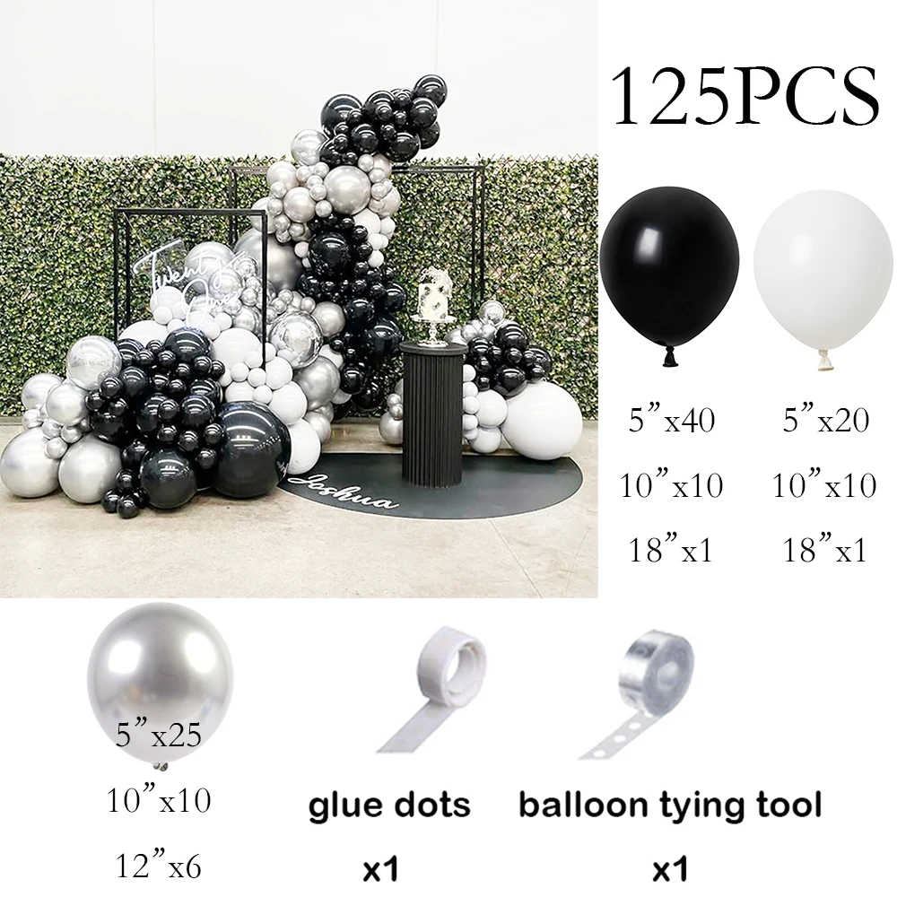 125pcs Black White Balloons Garland Metal Silver Balloon Arch Kit Graduation Wedding Engagement Birthday Party Decoration Globos