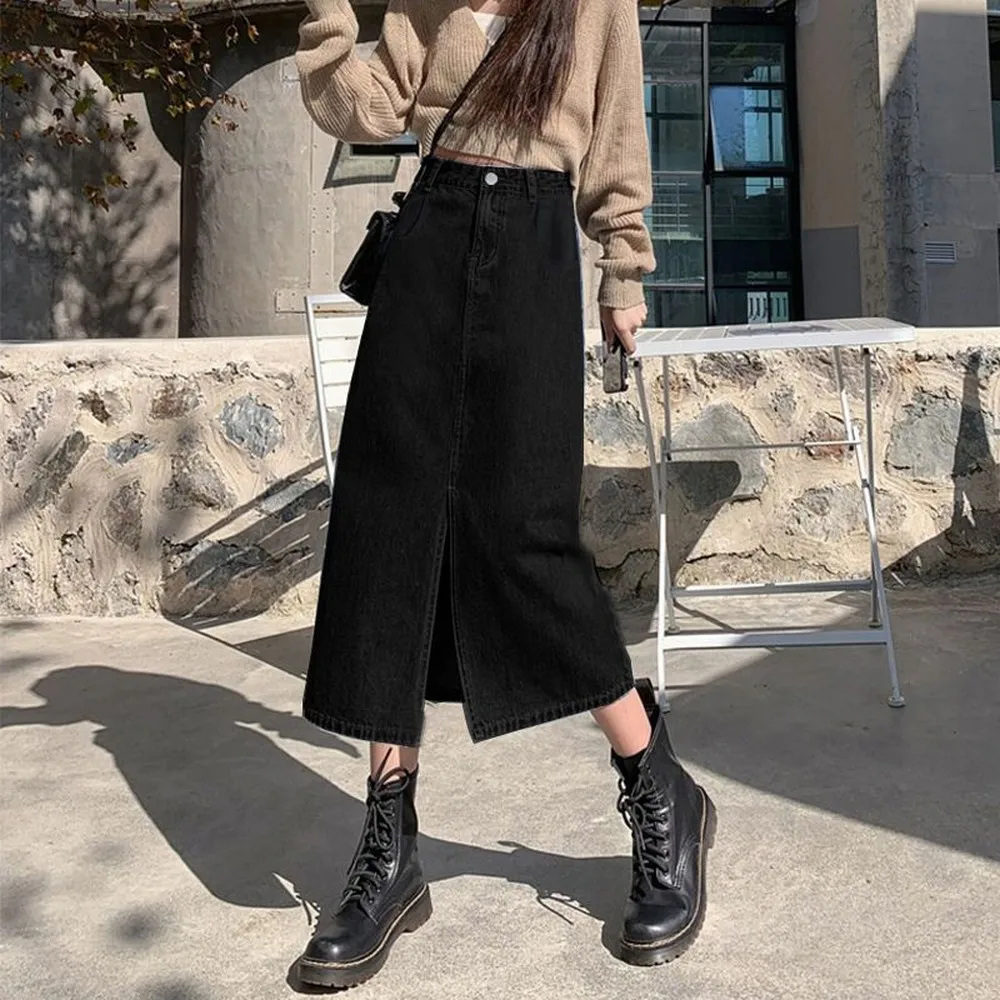 Sommer Damen High-Waist Retro A-Linien-Rock mit Taschen, Frontschlitz, gewaschener blauer Jeansrock, hüftbedeckender, gerader, langer Jeansrock – Detail 6