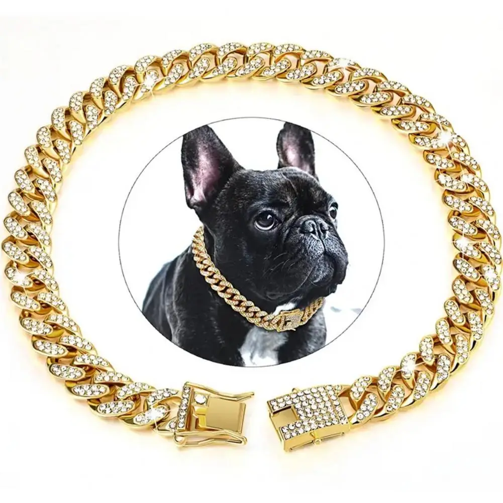 

Luxury Gold Dog Chain Collar Pet Dog Cuban Chain Collar Wide Sparkling Rhinestones Dog Necklace Small Medium Large Dogs Jewelry