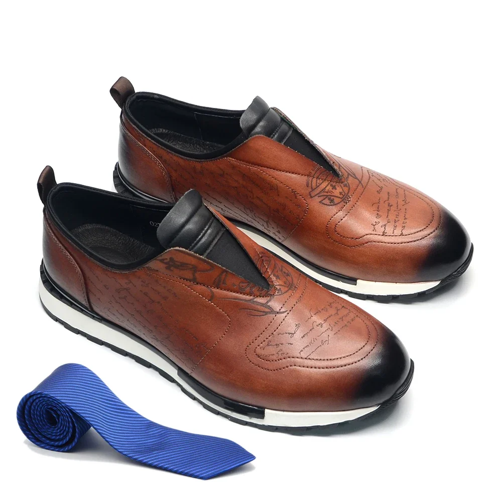 

Romantic Text Carving Design Men's Loafers Male Sneakers Genuine Leather Handmade Slip-on Breathable Luxury Travel Casual Shoes