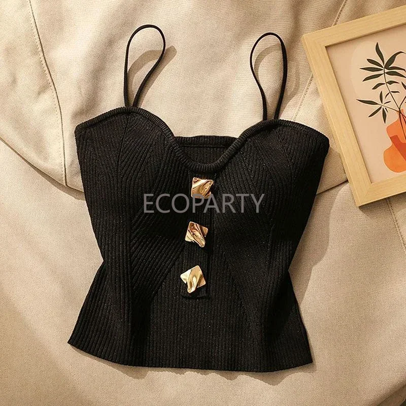 ฤดูร้อน Cross-Knit Suspender สตรีสไตล์ฝรั่งเศสความงามเซ็กซี่ Camisole SLIM FIT เสื้อยืดไม่มีหน้าอก Pad เสื้อกล้ามสั้น