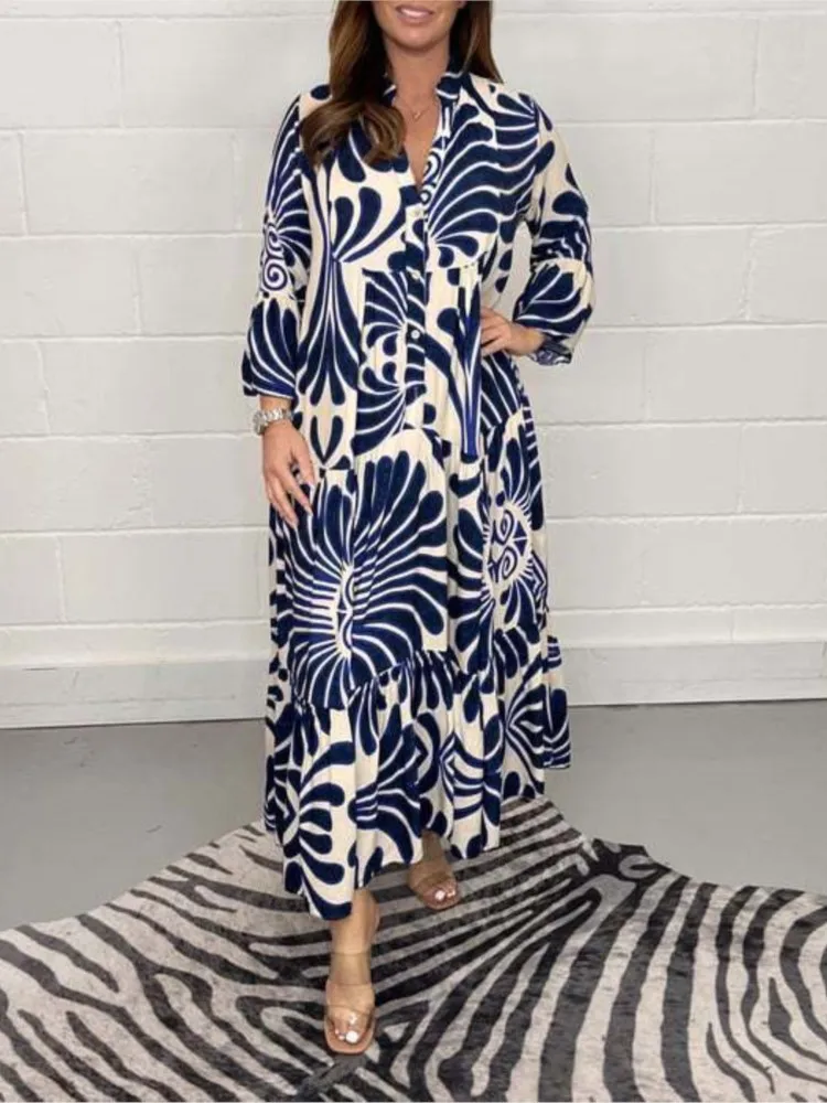 

2026 Spring/Summer Hot New Style Leisure Beach Vacation Large Women's Robe Fashion Printed V-neck Seven Sleeve Loose Long Dress