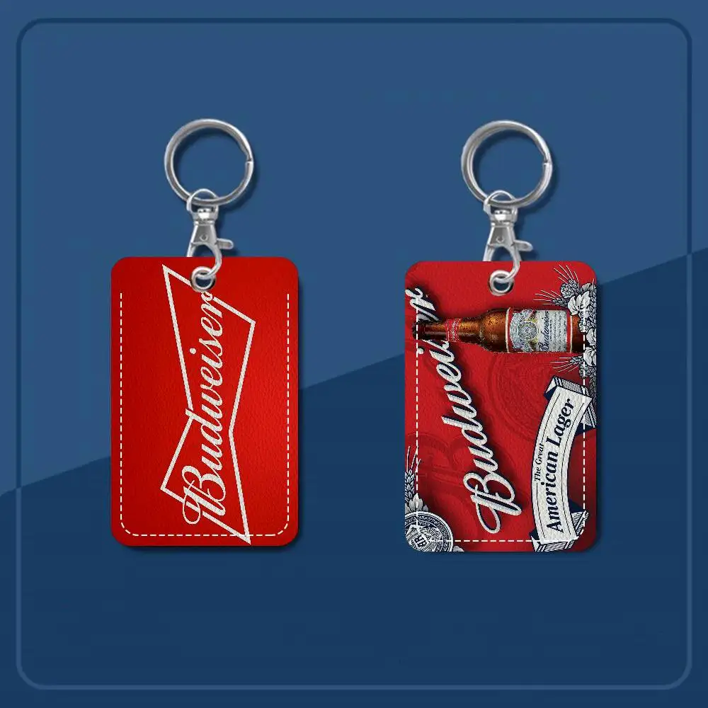 Beer Brand B-Budweiser Logo 1Pc PU Leather Card Holder Keychain Key Ring Door Lock Access Tags ID Card Case Keychain Card