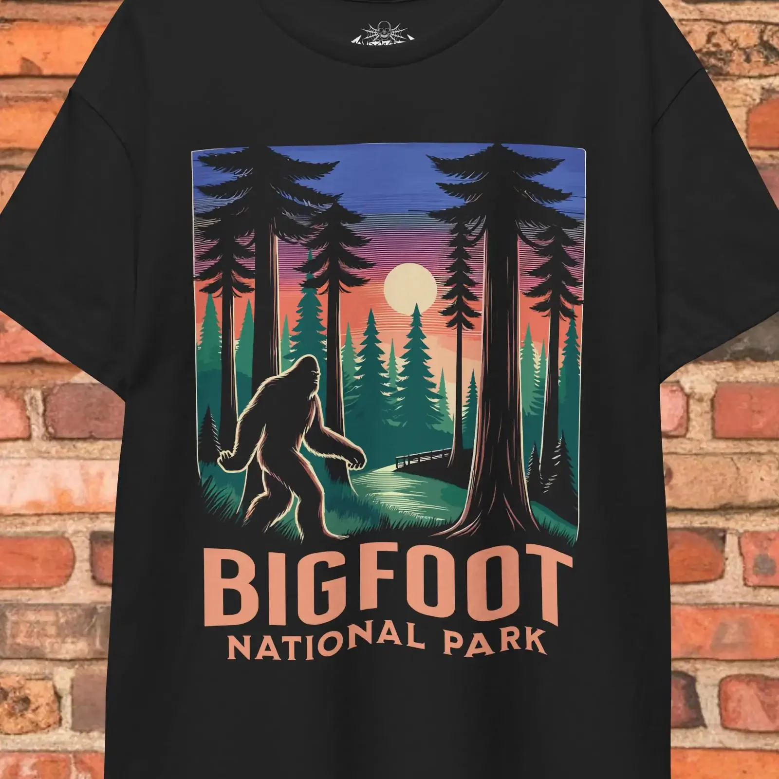 Bigfoot National Park Sunset Forest T shirt Sasquatch Cryptid Hiking Camping for Fans Campers Hikers vintage Washed graphic