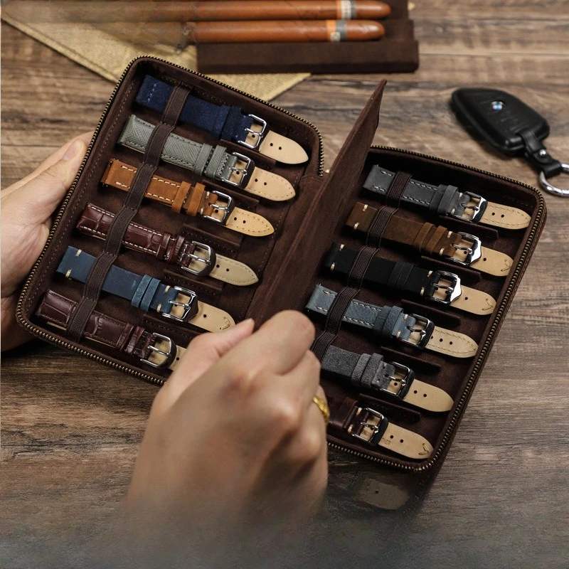 

Vintage Crazy Horse Cowhide Strap Storage Box 12 Pack Handmade Portable Leather Watch Strap Box